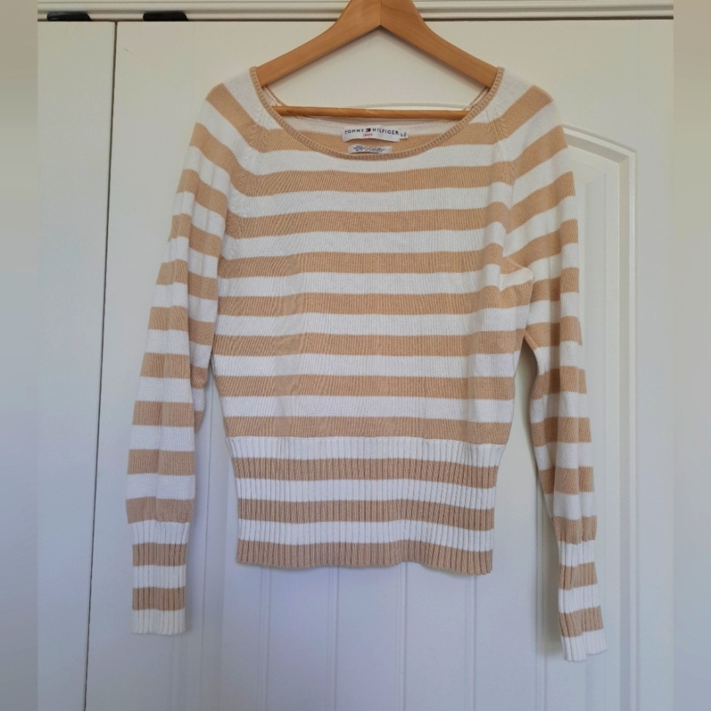 Tommy Hilfiger Cream and Tan Striped Scoop Neck Sweater